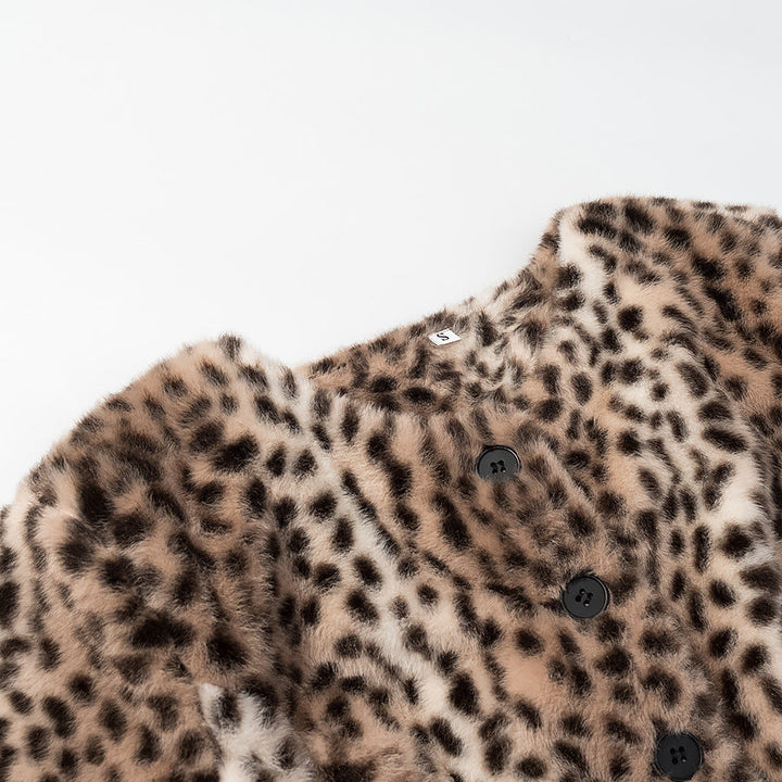 Dam kort Faux Fur jacka med Leopard tryck och Round Neck