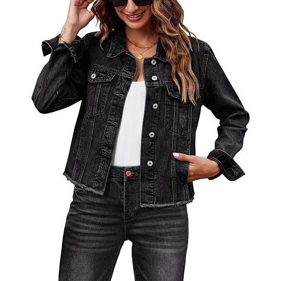 Dam kort skuren denimjacka med fringe fåll och patch breast fickor
