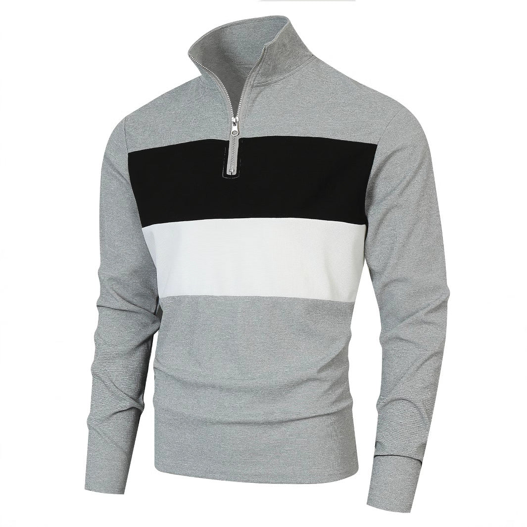 Herr Halv Dragkedja Pullover med Ståkrage, Bred Block Rand, och Finely Ribbad Texture
