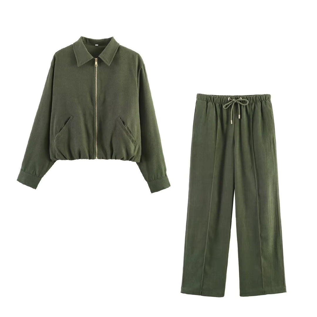 Dam Kort Blouson Jacka i Velour Look med Skjortkrage, Elastic Fåll och Sidofickor