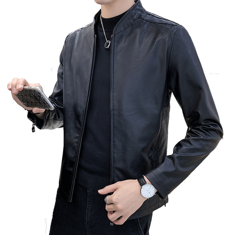 Herr Smal Synthetic Läder Blouson med Standing Krage och Tvåvägsdragkedja