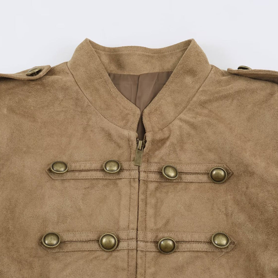 Dam Kort Military Jacka Tillverkad av Suede Imitation med Stå Krage och Dekorativ Knapp Knäppning