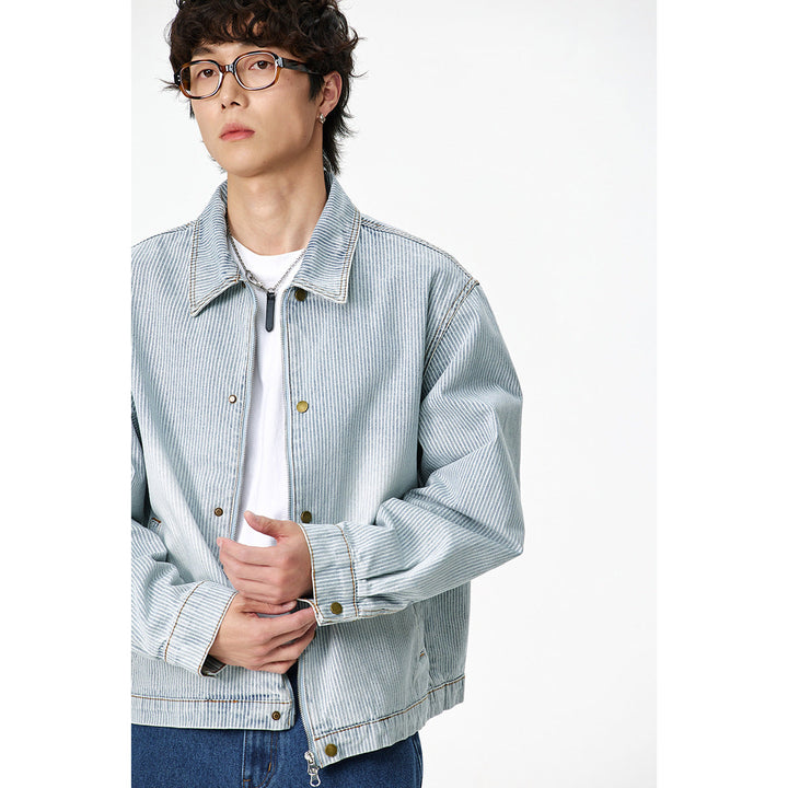 Unisex Randig Oversized Denim Jacka i Arbetsstil med Ståkrage och Two-Way Dragkedja
