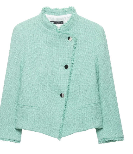Dam Kort Boucléjacka med Asymmetrisk Knapp Knäppning och Fringe Nederkant
