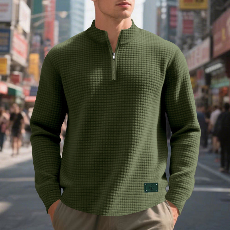Herr Nano Lätt Waffle Stickad Pullover med Kort Krage Dragkedja och Rounded Fåll