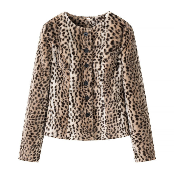 Dam Kort Jacka Gjord av Konstpäls med Leopardmönster och Knapplist