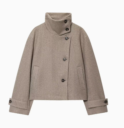 Dam 9800+ Kort Boxig Ull Blend Jacka med Hög Funnel Krage, Asymmetric Knapp Knäppning, och Justerbar Muddar