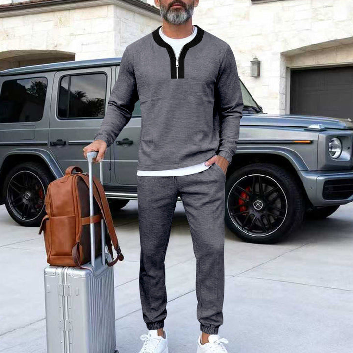 Herr Lätt Henley Loungewear Set med Contrast Krage, Dragsko Joggingbyxor och Elastiska Muddar