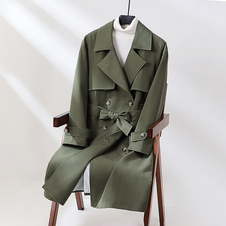 Dam lång skräddad trenchcoat med vid Shawl krage och knytband