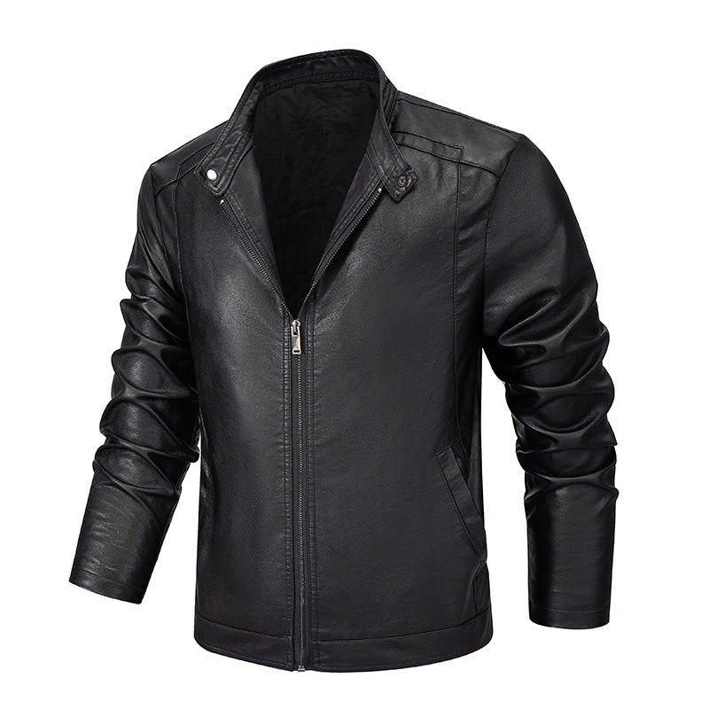 Herr Slim-Fit Konstläder Zip Jacka med Ståkrage och Söm Panels