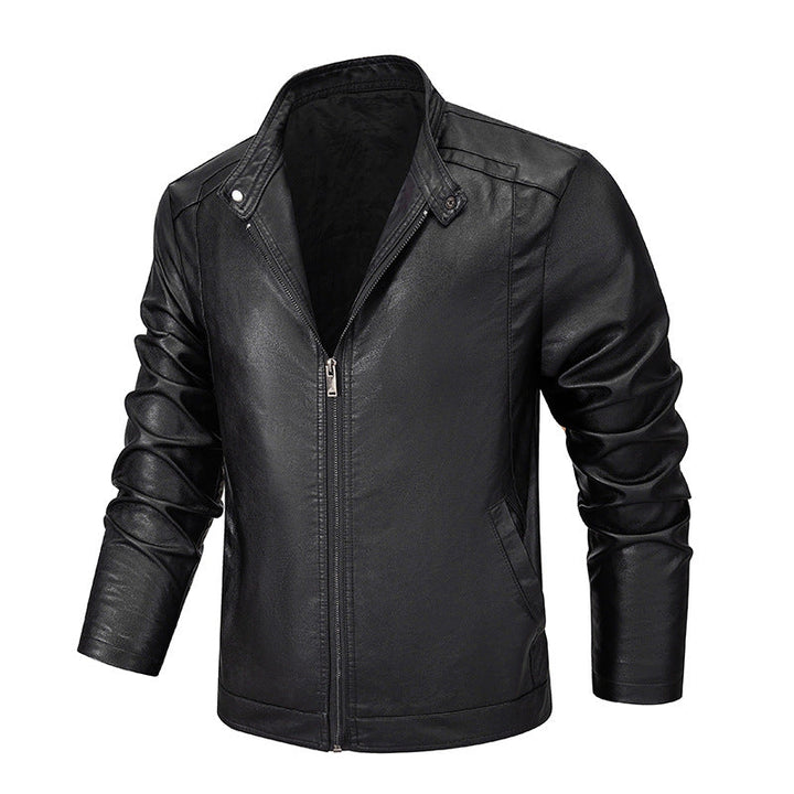 Herr Slim-Fit Konstläder Zip Jacka med Ståkrage och Söm Panels