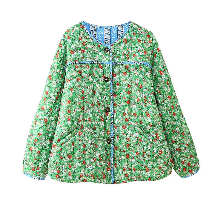 Dam quiltad floral jacka med rund hals, kontrast piping och påsydda fickor