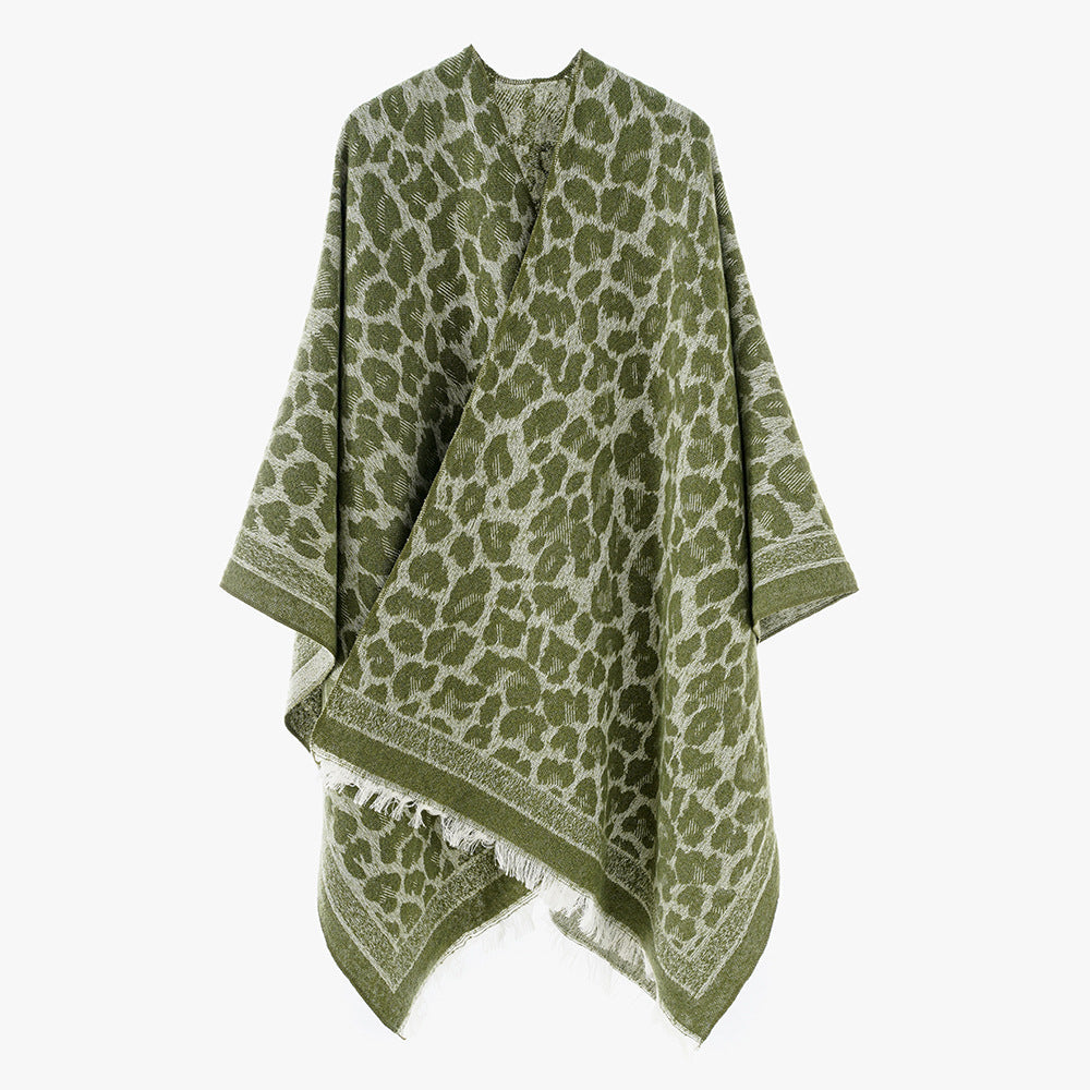 Dam mjuk-Falling Jacquard kimono-skärning Wrap med Tonal Leo mönster och Fringed fåll