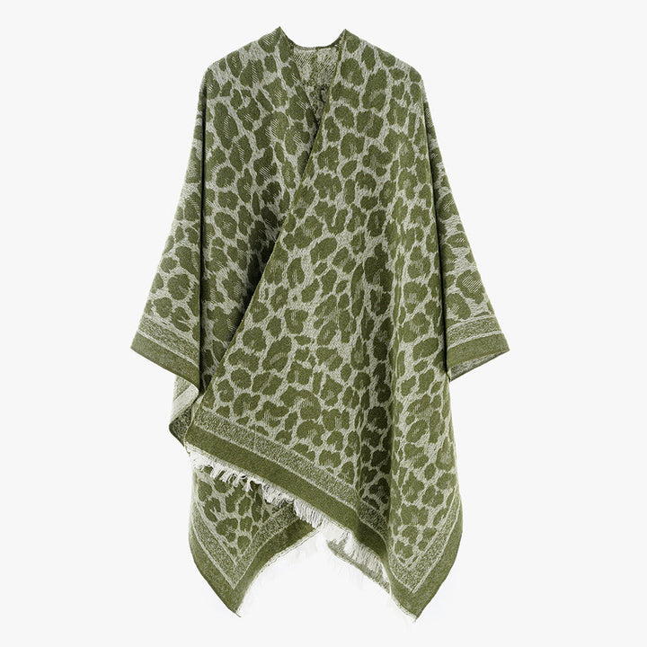 Dam mjuk-Falling Jacquard kimono-skärning Wrap med Tonal Leo mönster och Fringed fåll