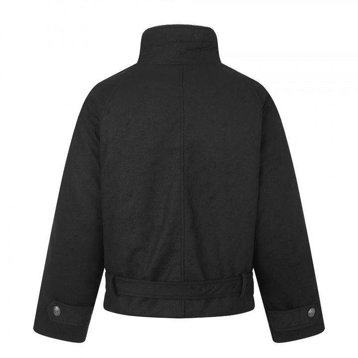 Herr kort skärning double-breasted aviator jacka med teddyfoder, ståkrage och midja belt