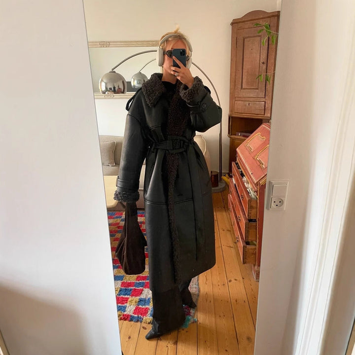Dam 600+ Kort Jacka i Aviator Stil med Faux Fur Foder och Tie Belt