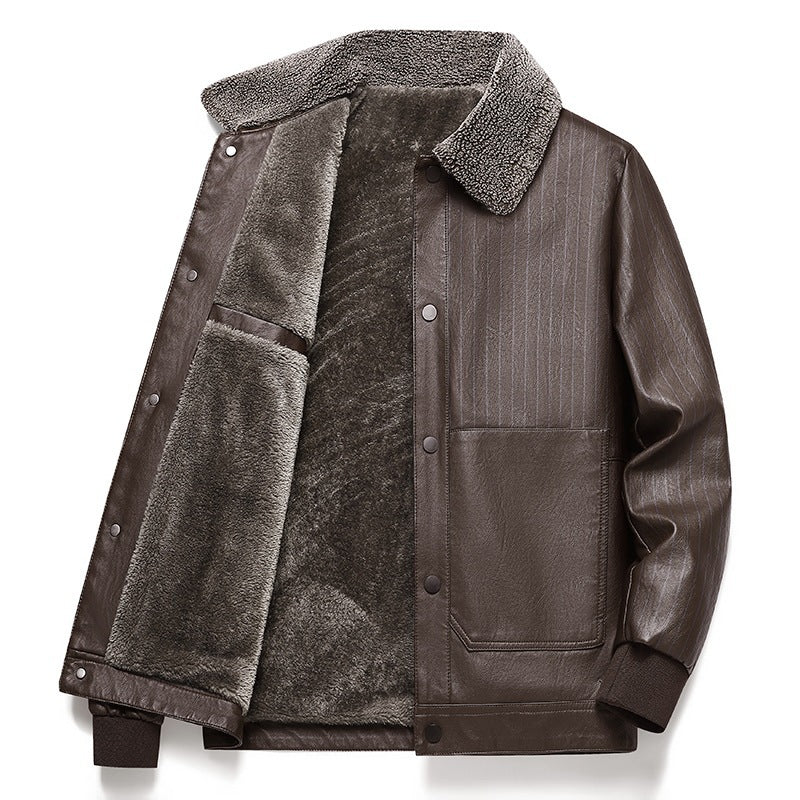 Herr Konstläder Blouson med Sherpa Krage, Varm Teddyfoder och Pinstripe Detalj