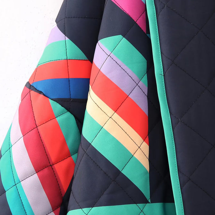 Dam Oversize Quiltad Kimono Jacka med Geometric Color Block Tryck och Wide Ärm Skärning