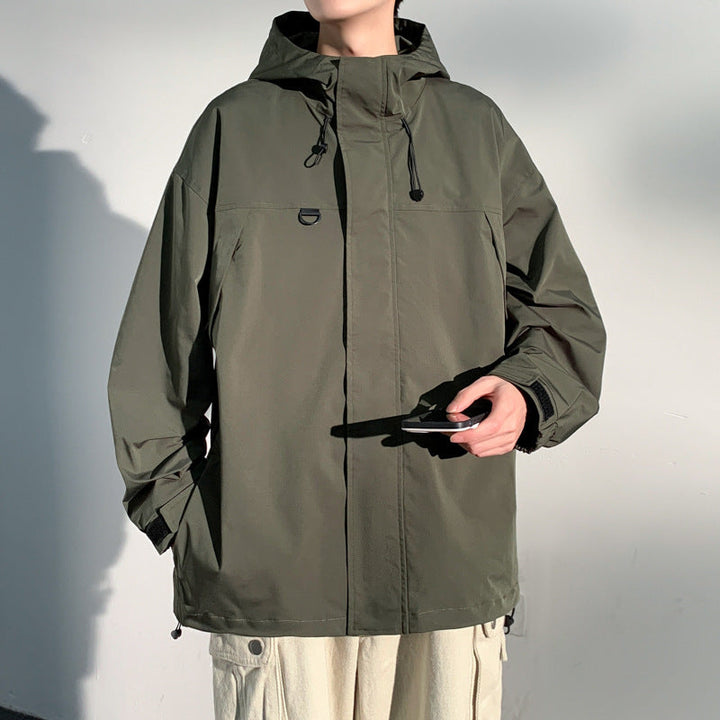 Herr two-lager softshell overlay jacka med huva, vind och vatten avvisande membran och justerbar fåll