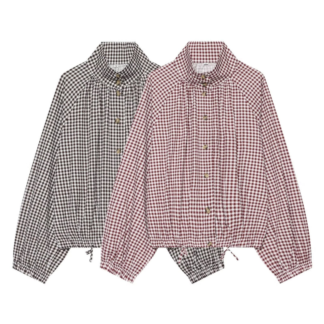 Dam Kort Skärning Checked Skjortjacka med Stå Krage, Raglan Ärmar och Drawstring