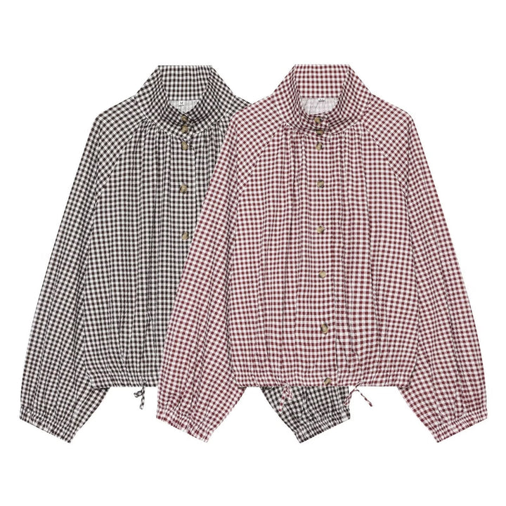 Dam Kort Skärning Checked Skjortjacka med Stå Krage, Raglan Ärmar och Drawstring