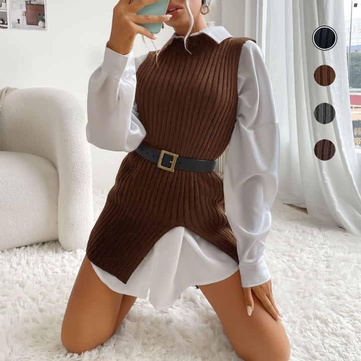 Dam Ribbad Lång Väst med Side Slits, Tapered Bälte och Lång Modell Skärning