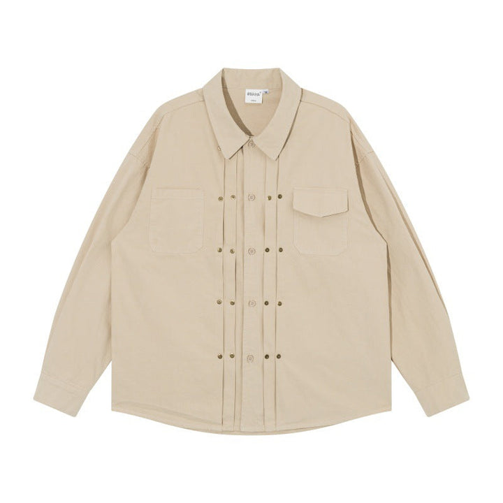 Herr oversize skjortjacka i Workwear Stil med Dekorativ Stitching och metall Rivets