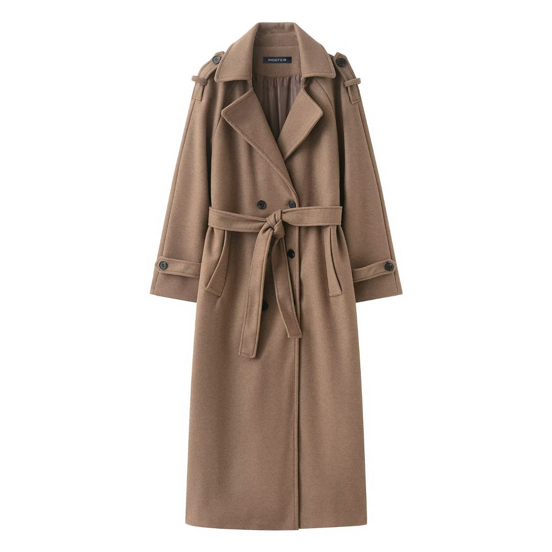 Dam 100+ Double-Breasted Maxi Lång Kappa i Trench Stil med Tie Belt