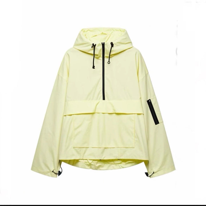 Dam Oversized Vindjacka-Anorak med Huva, Halv Dragkedja och Känguruficka