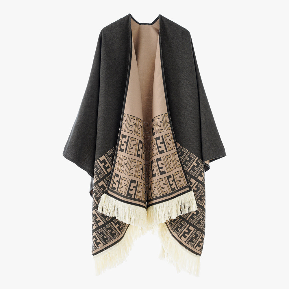 Dam Reversible capeponcho med monogram Border och fransfåll