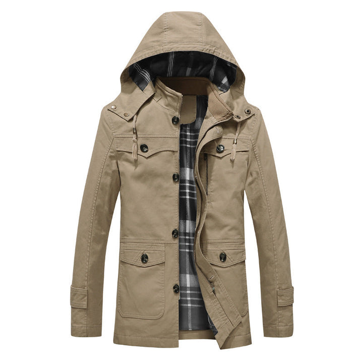 Herr Canvas Fält Parka med Rutig Foder, Huva, och Multifunctional Fickor