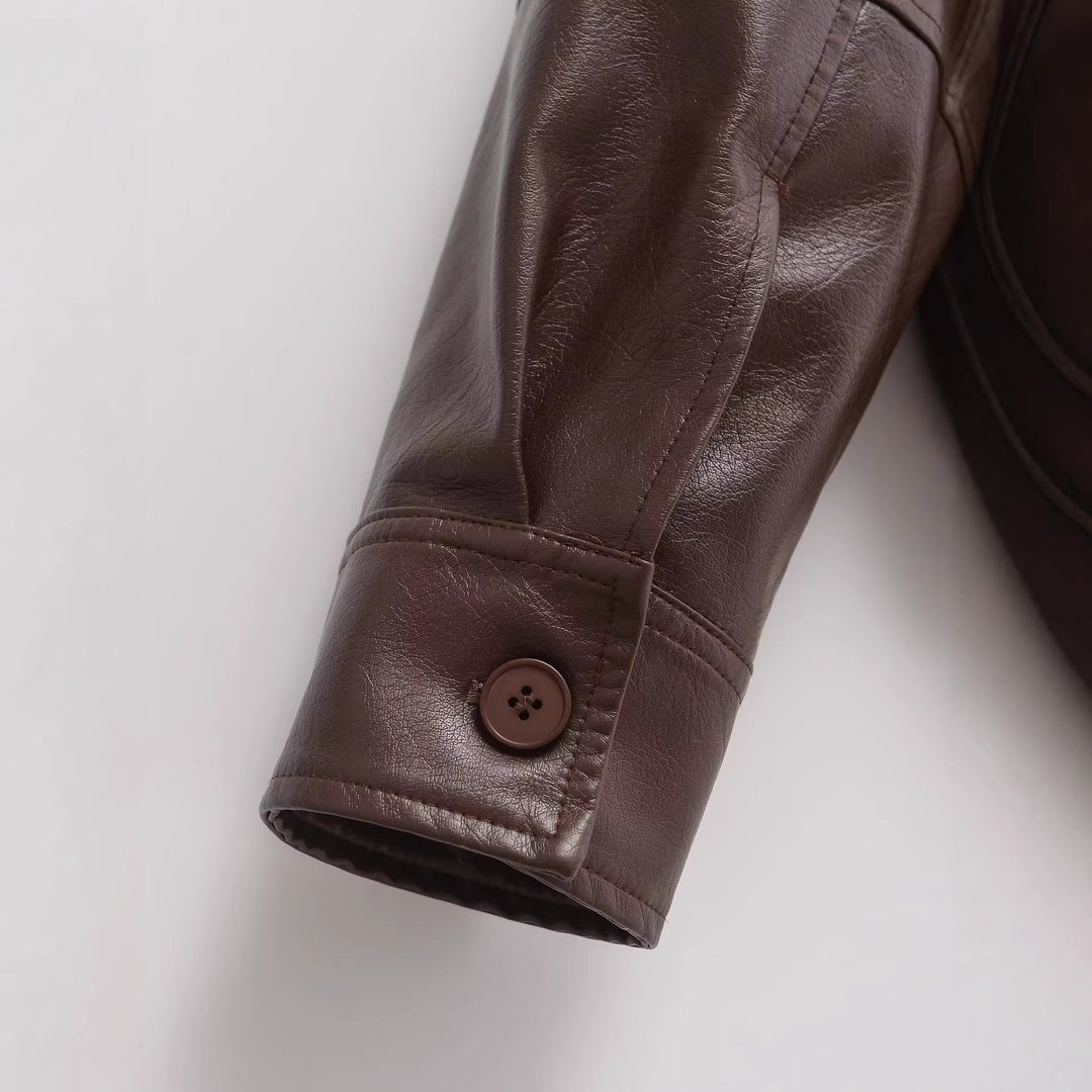 Dam oversize konstläder jacka med skjortkrage, hel Zip och Elastic fåll