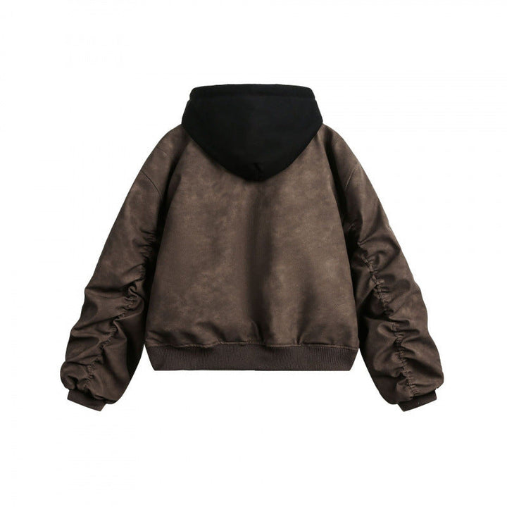 [Herr] kort skärning bomberjacka i vintage velvet look med integrerad huva, funktionell ärm ficka och ribbade muddar