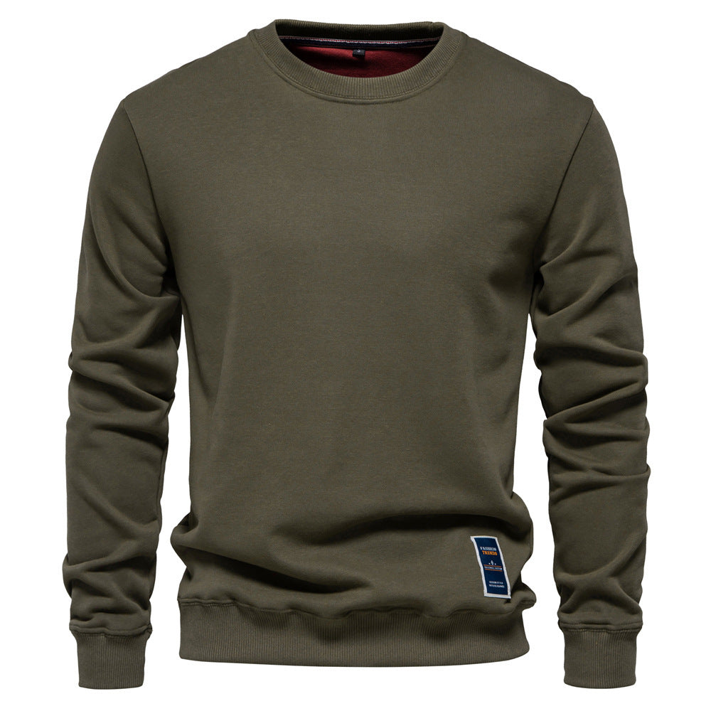 Herr Klassisk Crew Neck College-Tröja Gjord av Kraftig Bomullsblandning med Fleece Inner Side och Ribbstickade Muddar