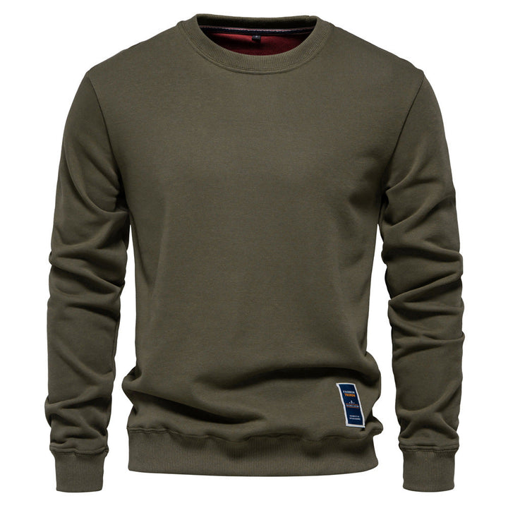 Herr Klassisk Crew Neck College-Tröja Gjord av Kraftig Bomullsblandning med Fleece Inner Side och Ribbstickade Muddar