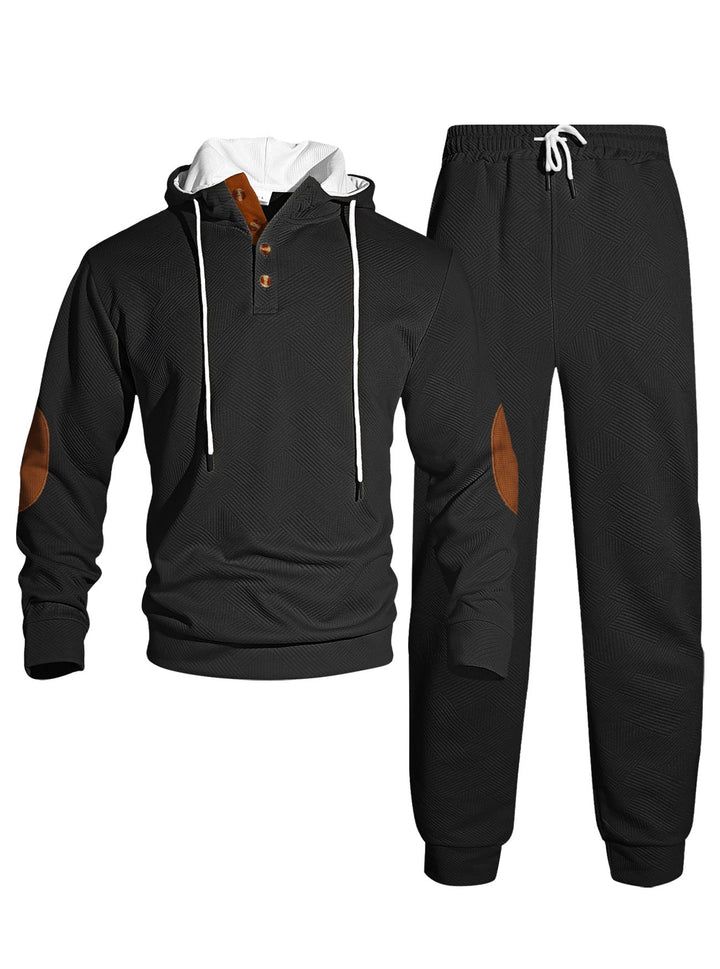 Herr Waffle Structure Henley Luvtröja Set med Wooden Knapplist Elbow Lappar och Tapered Joggingbyxor