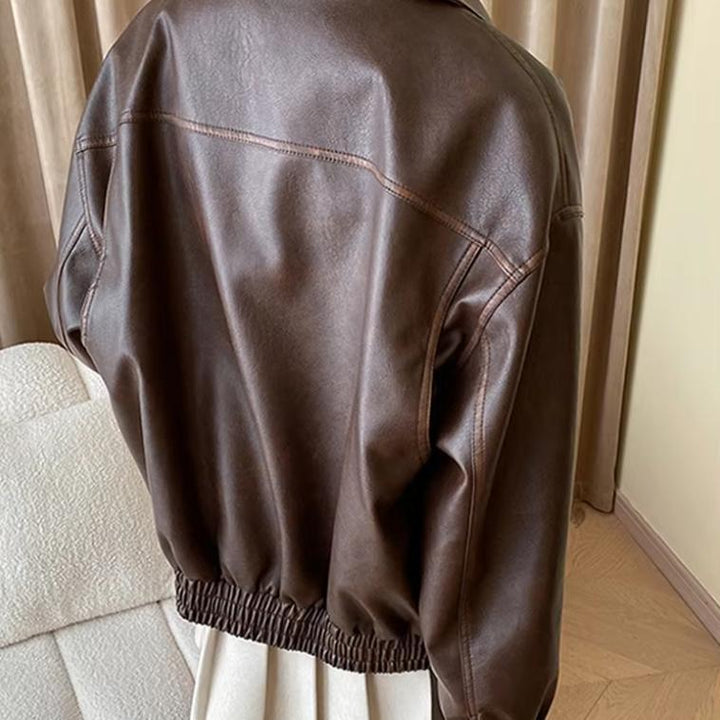 Dam oversize konstläder Blouson med skjortkrage, Flap fickor och dold dragkedja Placket