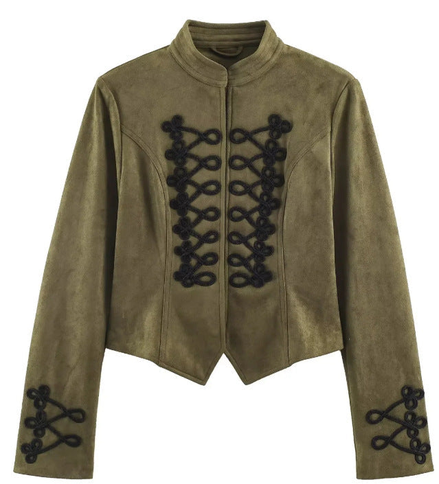 Dam Kort Skärning Suede Jacka i Military Look med Stå Krage och Dekorativ Cord Frog Appliqué