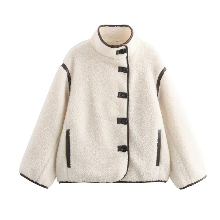 Dam 100+ Teddy Jacka i Oversize Look med Stå Krage och Contrast Piping
