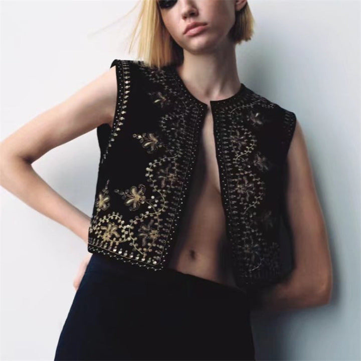 Dam Embroidered Velvet Kort Väst med Bead och Sequin Kant