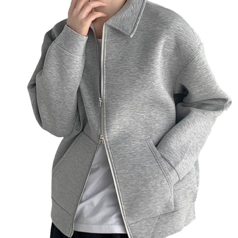 Herr Dragkedja Sweat Jacka med Skjortkrage och Oversized Skärning