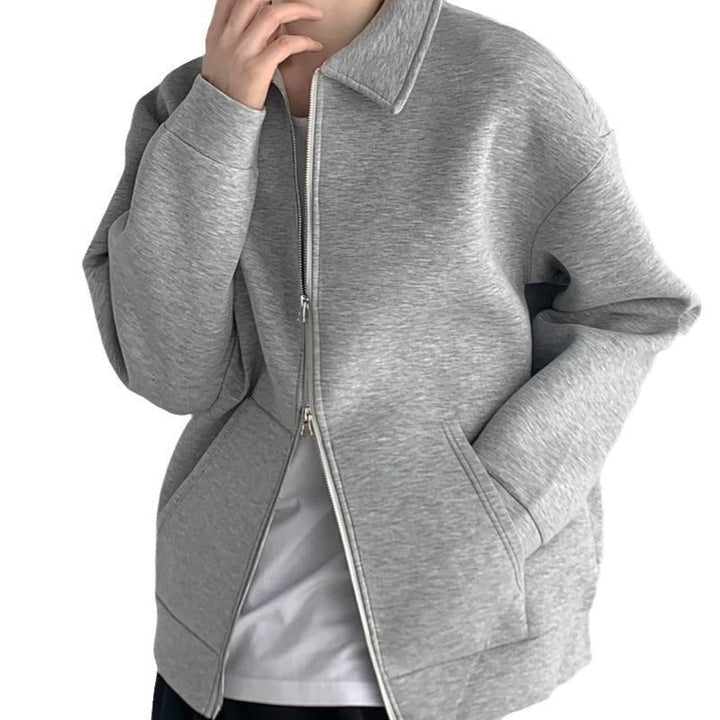Herr Dragkedja Sweat Jacka med Skjortkrage och Oversized Skärning
