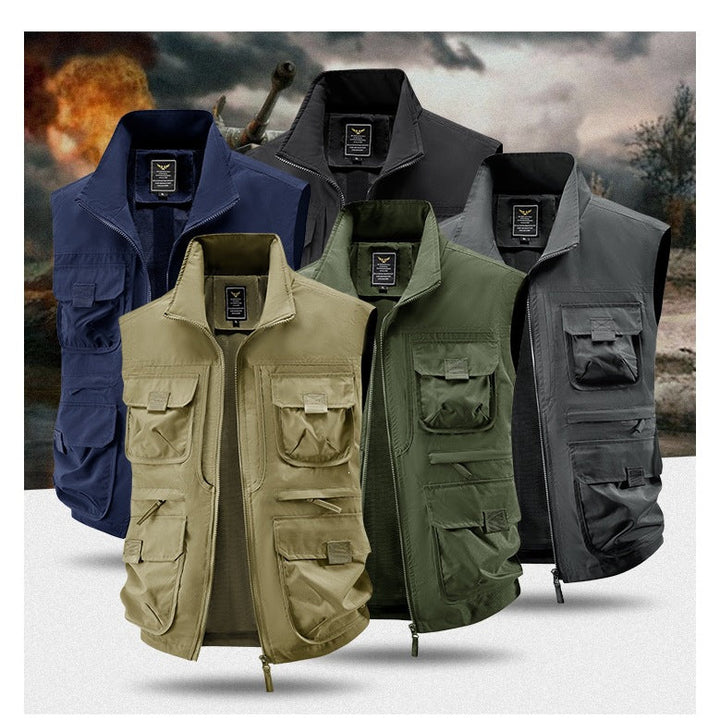 Herr Multi-Pocket Utility Väst med Hög Krage, Dragkedja och Mesh Foder