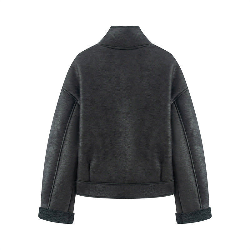 Dam kort lambskin look jacka med high ståkrage och buttoned front