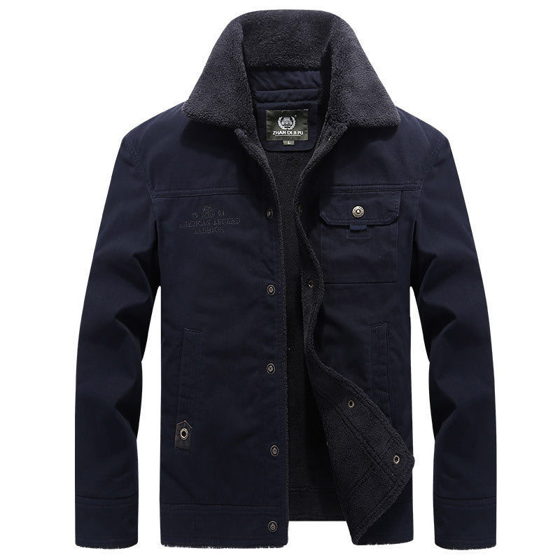 Herr Vintage-Inspired Canvas Worker Jacka med Full Teddyfoder, Bröst Patches och Multifunctional Fickor