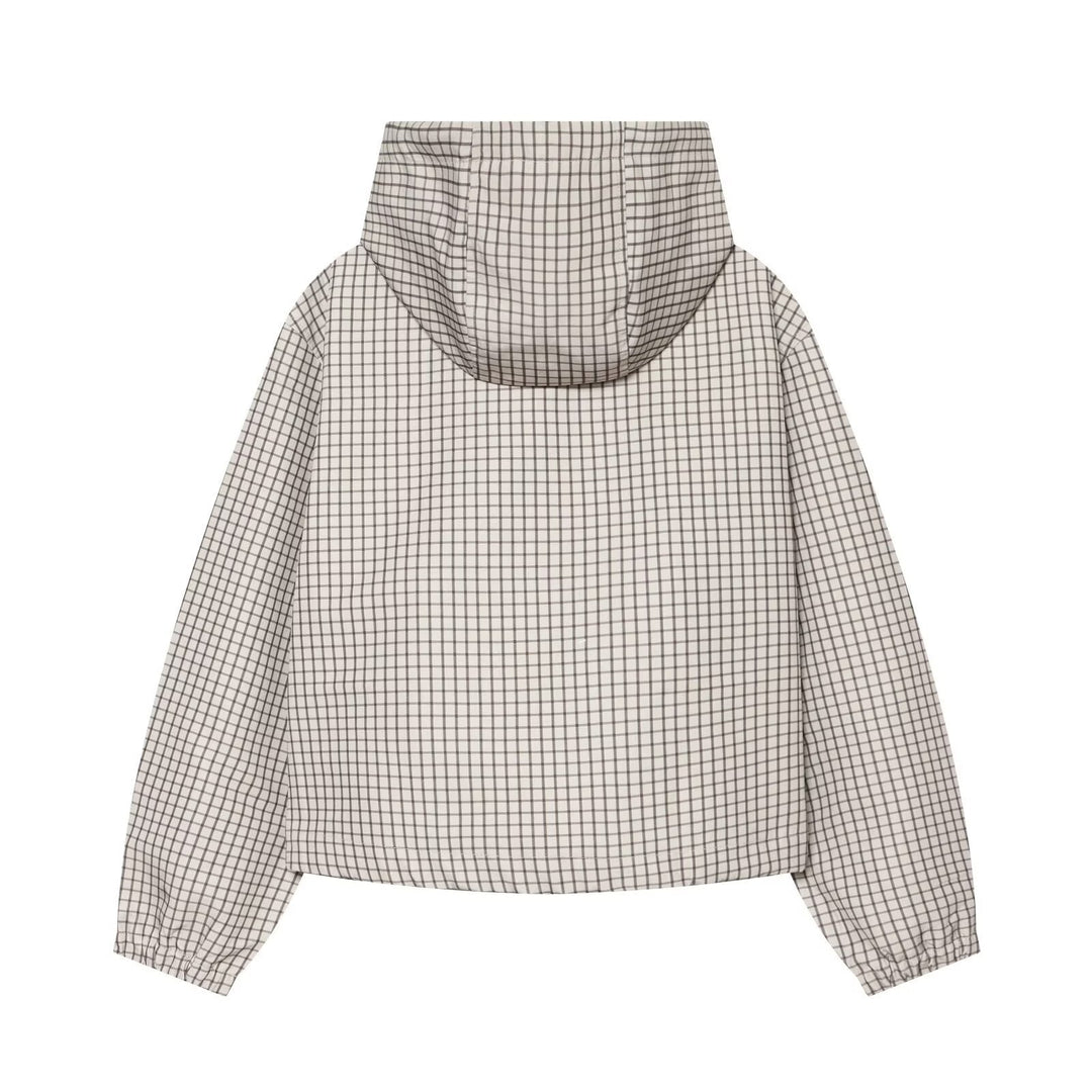 Dam Rutig Kort Windbreaker med Huva, Drawstring och Dragkedja