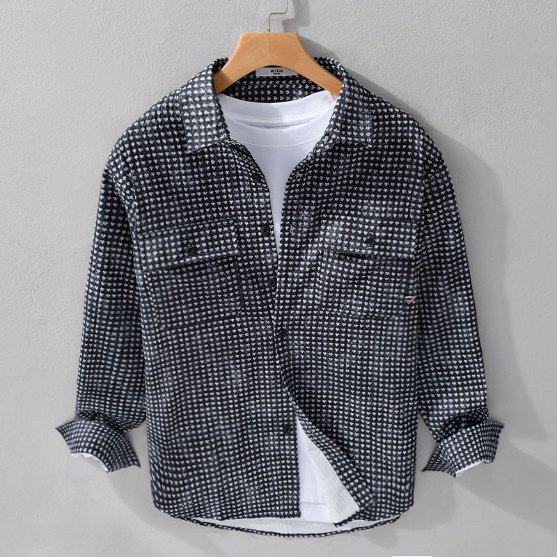 Herr Skjortjacka-Overshirt Tillverkad av Bomullsblandning med Mini Heart Heltäckande Tryck och Bröstfickor