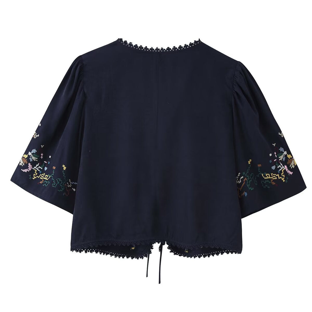 Dam Embroidered Boho Kimono Jacka med Ties och Crochet Kant