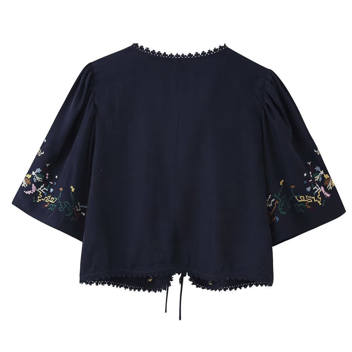 Dam Embroidered Boho Kimono Jacka med Ties och Crochet Kant