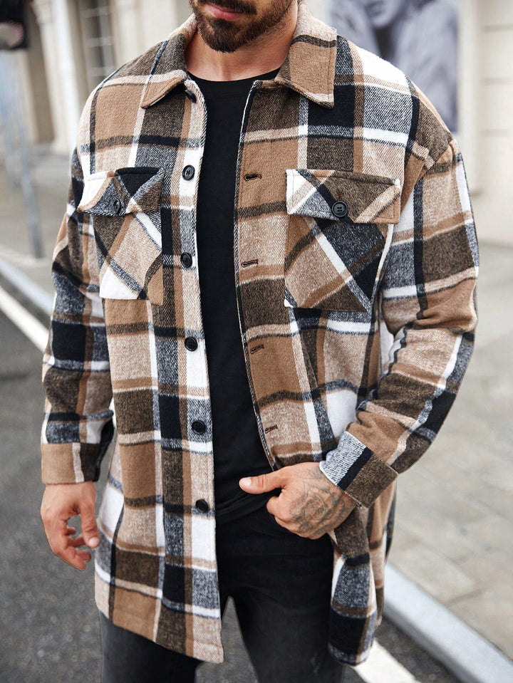 Herr rutig longline overshirt med patch bröstfickor och knäppslå